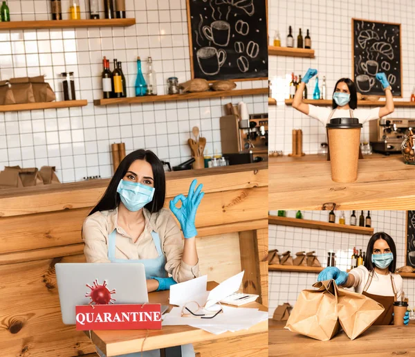 Collage Cafe Owner Showing Okay Sign Paper Bags Tables Disposable — Stock Photo, Image