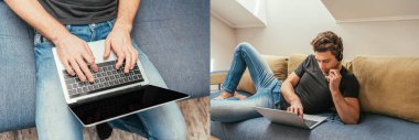Kulaklık takmış bir adam kanepeye uzanıyor ve boş ekranlı bir laptop kullanıyor.