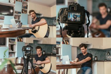 Bilgisayarda daktilo eden genç adamın kolajı, gitarı tutarken dijital kameranın yanında oturması.