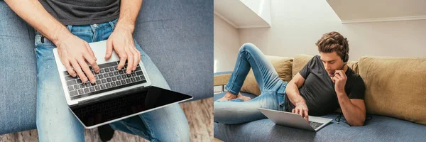 Collage Man Headset Lying Sofa Using Laptop Blank Screen — Stock Photo, Image