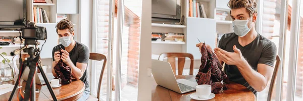 Collage Van Video Blogger Medisch Masker Breien Terwijl Het Kijken — Stockfoto