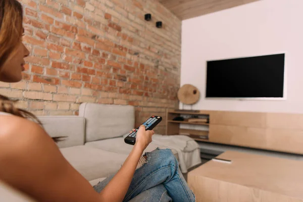 Young Woman Holding Remote Controller Watching Blank Screen Self Isolation — Stock Photo, Image