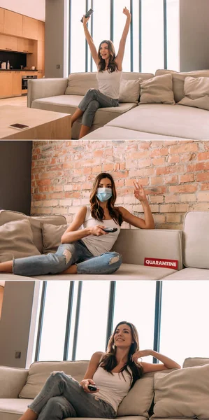 Collage Woman Medical Mask Holding Remote Controller Watching Sofa Quarantine — Stock Photo, Image