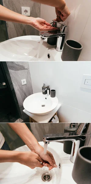 检疫期间妇女在浴室洗手的拼贴 — 图库照片