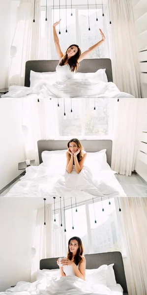 Collage Happy Woman Stretching Holding Coffee Cup While Sitting Bed — Stock Photo, Image