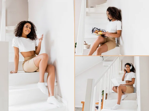 Collage Cheerful African American Woman Sitting Stairs Cup Coffee Reading — Stock Photo, Image