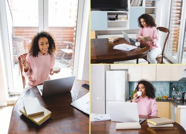 Colagem Freelancer Usando Laptops Mostrando Sinal Paz Ter Chamada Vídeo — Fotografia de Stock