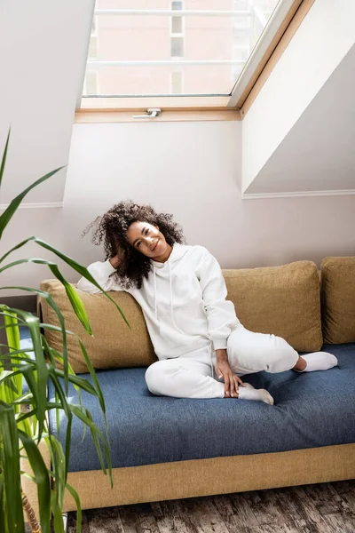 Selective Focus Smiling African American Woman Sitting Sofa Plant — Stock Photo, Image