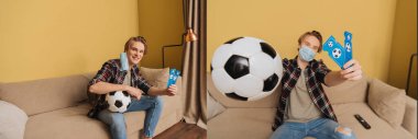 Futbol topu ve maç biletleri taşıyan tıbbi maskeli adam kolajı, karantina konseptinin sonu.