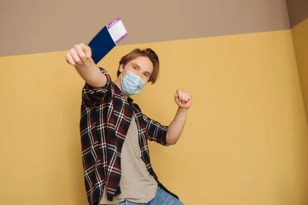Selective Focus Man Medical Mask Holding Passport Air Ticket End — Stock Photo, Image