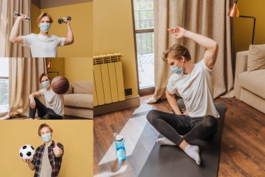 Spor maskeli sporcu kolajı egzersiz yapıyor ve başparmağını gösteriyor. 