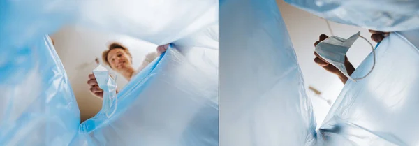 Collage Happy Man Throwing Medical Masks Garbage Bags End Quarantine — Stock Photo, Image