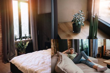 Yeşim taşı ve sansevieria kolajı pencere kenarında, kız kanepede kablosuz kulaklıkla dinleniyor, yatak odası pencere ve saksı bitkileriyle.