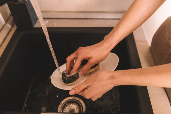 Partial View Woman Cleaning White Plate Sponge — Stock Photo, Image