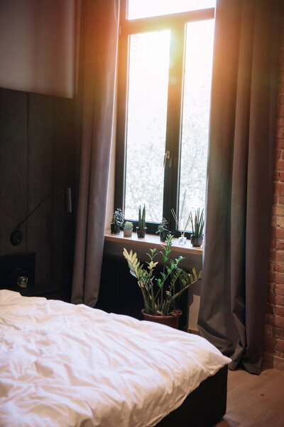 bedroom with potted plants on windowsill, dark curtains and white bedding