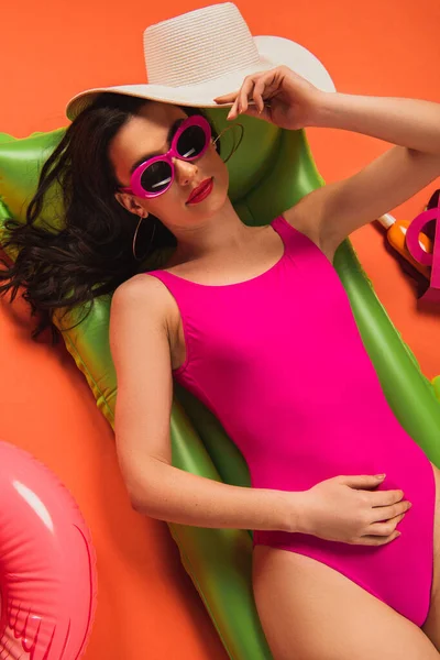 Top View Beautiful Woman Sunglasses Swimsuit Lying Inflatable Mattress Holding — Stock Photo, Image