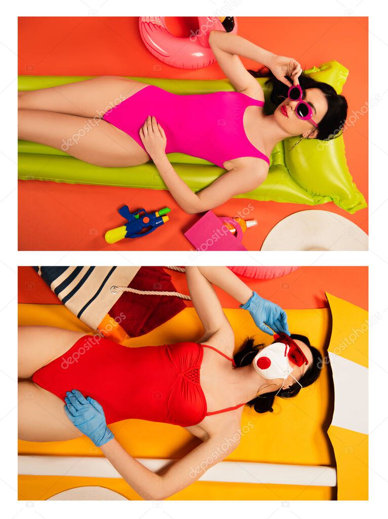 collage of girl in medical mask and latex gloves lying and touching sunglasses near water gun and inflatable ring on orange 
