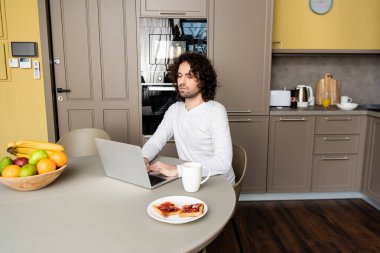 Serbest çalışanın, kahve fincanı, tost ve taze meyve ekran ekranında web alışveriş sitesi ile dizüstü bilgisayar kullanmasının arka planı