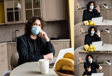 Mutfakta dizüstü bilgisayar kullanırken tıbbi maske takan adam kolajı 