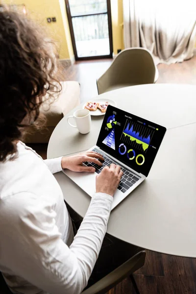 High Angle View Freelancer Using Laptop Business Charts Coffee Cup — Stock Photo, Image