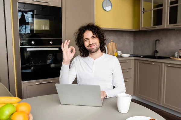 Handsome Freelancer Smiling Camera Showing Okay Gesture Coffee Cup Fresh — Stock Photo, Image
