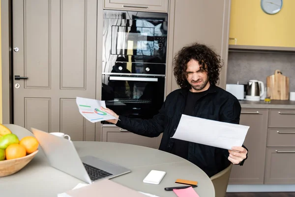 Selective Focus Confused Freelancer Holding Papers Gadgets Credit Card Fruits — Stock Photo, Image