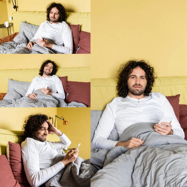 Collage Smiling Man Using Smartphone Bedroom — Stock Photo, Image