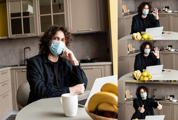 Collage Man Medical Mask Gesturing While Using Laptop Kitchen — Stock Photo, Image