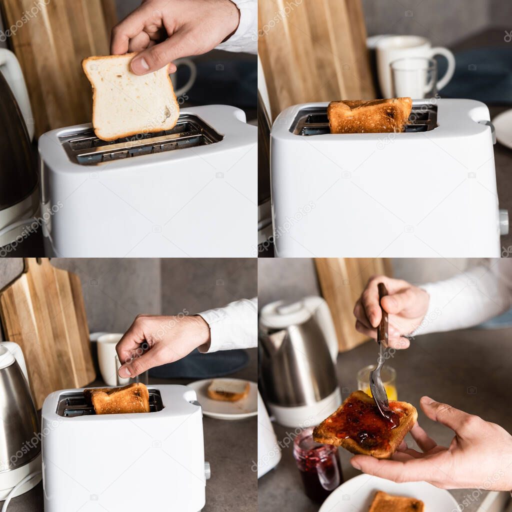 Collage of man using toaster while making toasts with jam in kitchen 