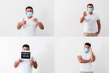 Tıbbi maskeli Afro-Amerikan adam kolajı başparmağını kaldırıyor, tamam işareti, koronavirüs harfleri ve dijital termometre ile karatahtayı tutuyor. 