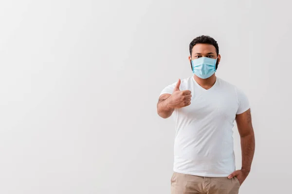 African American Man Medical Mask Standing Hand Pocket Showing Thumb — Stock Photo, Image