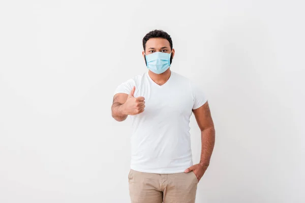 African American Man Blue Medical Mask Standing Hand Pocket Showing — Stock Photo, Image