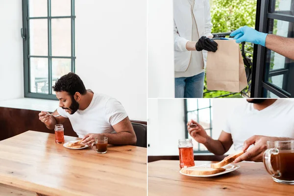 Collage Hombre Afroamericano Comiendo Sabrosa Mermelada Cerca Pan Tostado Tomando — Foto de Stock