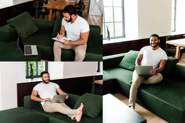 Collage Handsome African American Freelancer Using Laptops Living Room — Stock Photo, Image