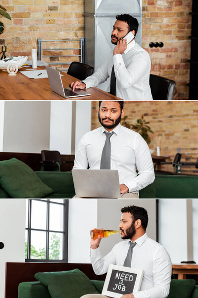 collage of upset african american man using laptop, talking on smartphone and holding chalkboard with need a job lettering while drinking beer