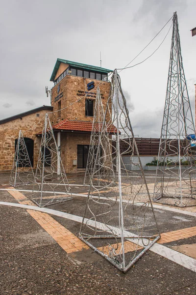 PAPHOS, CYPRUS - MARCH 31, 2020: metallic constructions near building of cyprus ports authority — Stock Photo