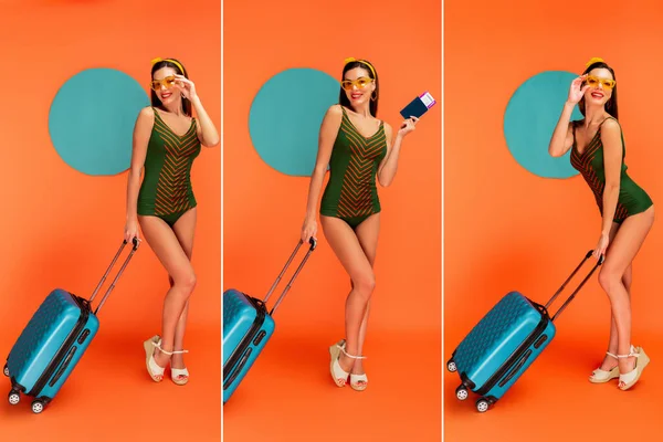 Collage einer glücklichen Frau mit Koffer, Reisepass und Flugticket, die mit blauen Kreisen auf orangefarbenem Hintergrund lächelt — Stockfoto