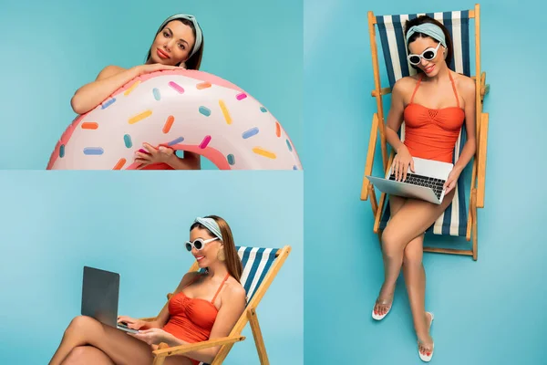 Collage di donna con anello gonfiabile e freelance che lavora con laptop e sorride sulla sdraio su blu — Foto stock