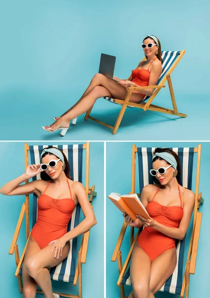 Collage de livre de lecture femme et freelance tenant ordinateur portable sur transat sur bleu — Photo de stock