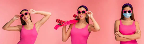 Frau mit Sonnenbrille, verschränkten Armen und medizinischer Maske lächelt und hält Penny Board isoliert auf rosa, Panoramaaufnahme — Stockfoto
