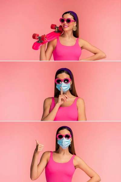 Collage von Mädchen in medizinischer Maske mit Hand auf Hüft- und Groschenbrett, die lächelt und ähnliche und shh Zeichen zeigt, isoliert auf rosa — Stockfoto