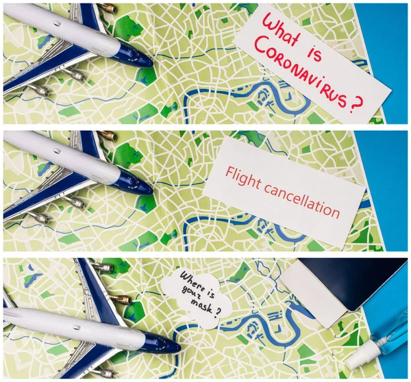 Colagem de avião de brinquedo, cartões com o que é coronavírus, cancelamento de voo e onde está sua máscara perto do passaporte no mapa no fundo azul — Fotografia de Stock