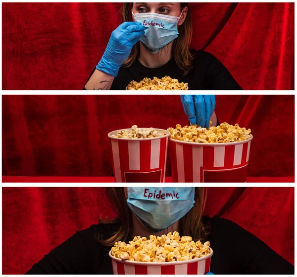 Collage of young woman in medical mask with epidemic lettering holding popcorn with red velour at background — Stock Photo