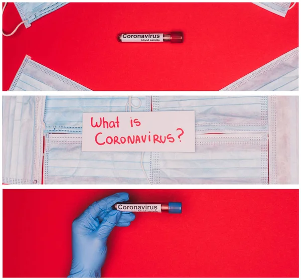 Colagem de médico segurando tubo de teste com amostra de sangue e cartão com letras o que é coronavírus em máscaras médicas na superfície vermelha — Fotografia de Stock