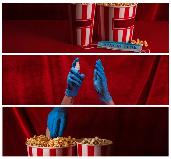 Collage de femme en gants de latex tenant un désinfectant pour les mains et du maïs soufflé près du masque avec lettrage à la maison avec du velours rouge à l'arrière-plan — Photo de stock