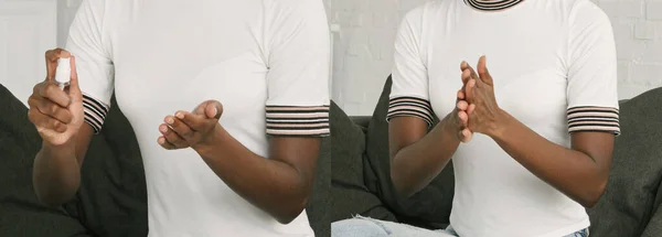 Колаж афроамериканської дівчини розпилює антисептик на руках, обрізаний вид, панорамна орієнтація — стокове фото