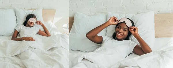 Collage de chica afroamericana durmiendo, despertando y tocando la máscara del sueño mientras sonríe a la cámara, orientación panorámica - foto de stock