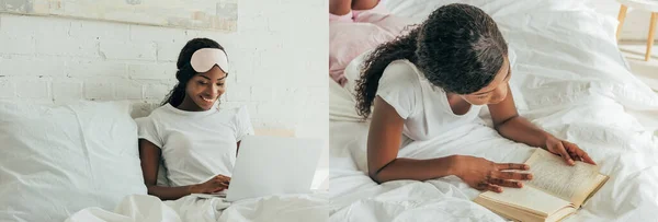 Collage de freelancer afroamericano usando laptop en la cama y descansando mientras lee libro, plano panorámico - foto de stock
