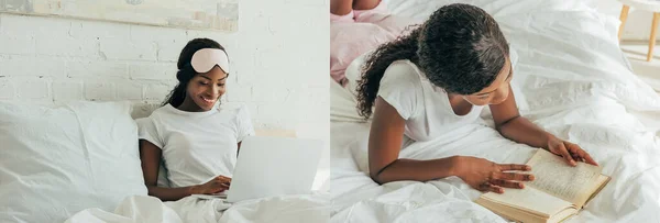 Collage de pigiste afro-américain utilisant un ordinateur portable au lit et se reposant tout en lisant le livre, prise de vue panoramique — Photo de stock