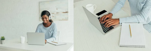 Collage de freelancer afroamericano en auriculares inalámbricos trabajando en el ordenador portátil en casa, cosecha panorámica - foto de stock